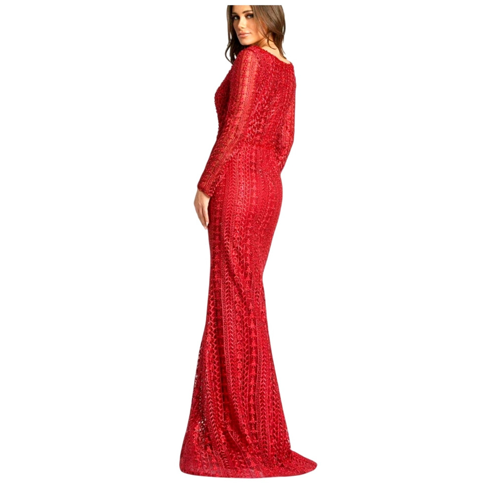 Mac Duggal Dress 12 Red Formal 20271 Embellished Long Sleeve Burgundy Gown - Picture 10 of 12